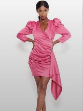 Bebe Pink Satin Mini Dress Puff Shoulders US size 4 like New